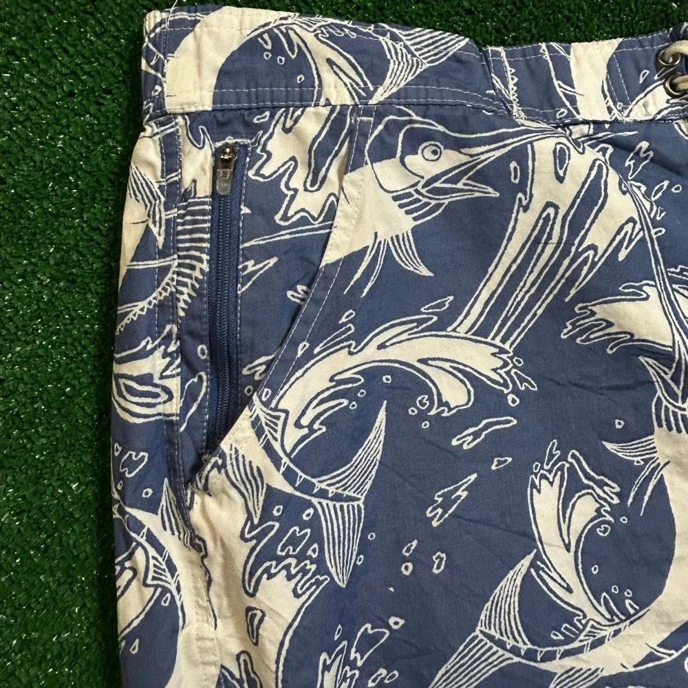 LL Bean Swim Trunks Mens L Blue Marlin Fish Print Mesh Lined Board Shorts 286405